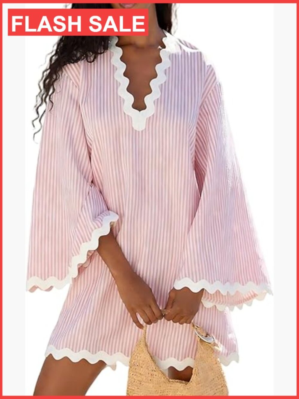 Boho striped v-neck dress with flowy bell sleeves